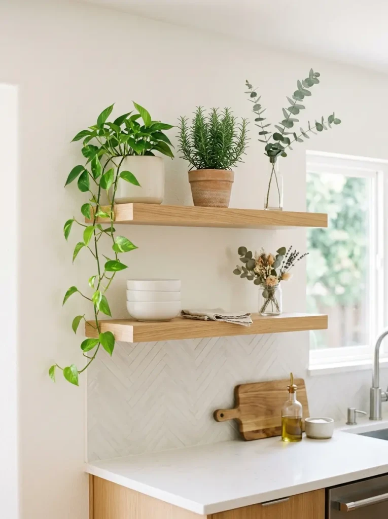 Kitchen shelves styled with a small pothos plant, rosemary pot, and soft eucalyptus stems.