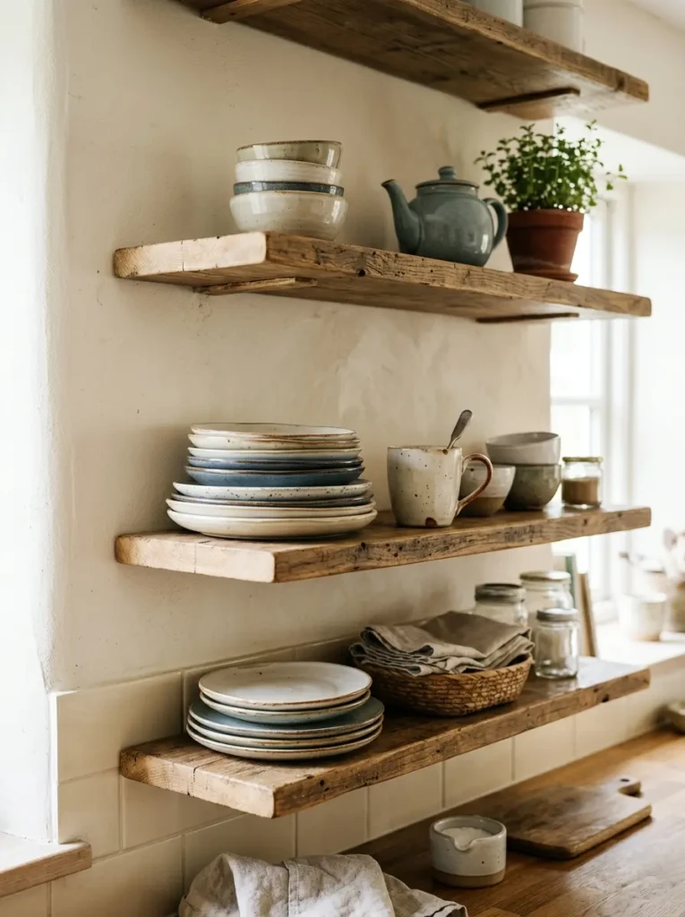 Casually arranged open shelves with stacked plates and slightly imperfect placement for a natural look.