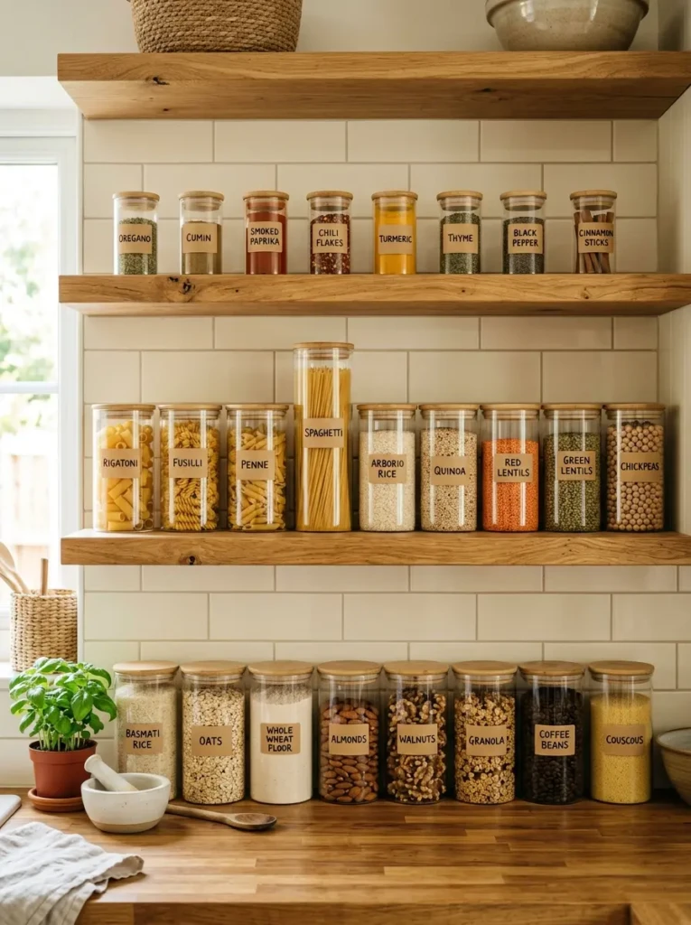 Open shelves filled with clear jars containing pasta, grains, and spices arranged neatly.