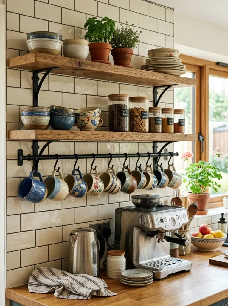 Kitchen shelves with hooks underneath holding neatly hung mugs for easy access.