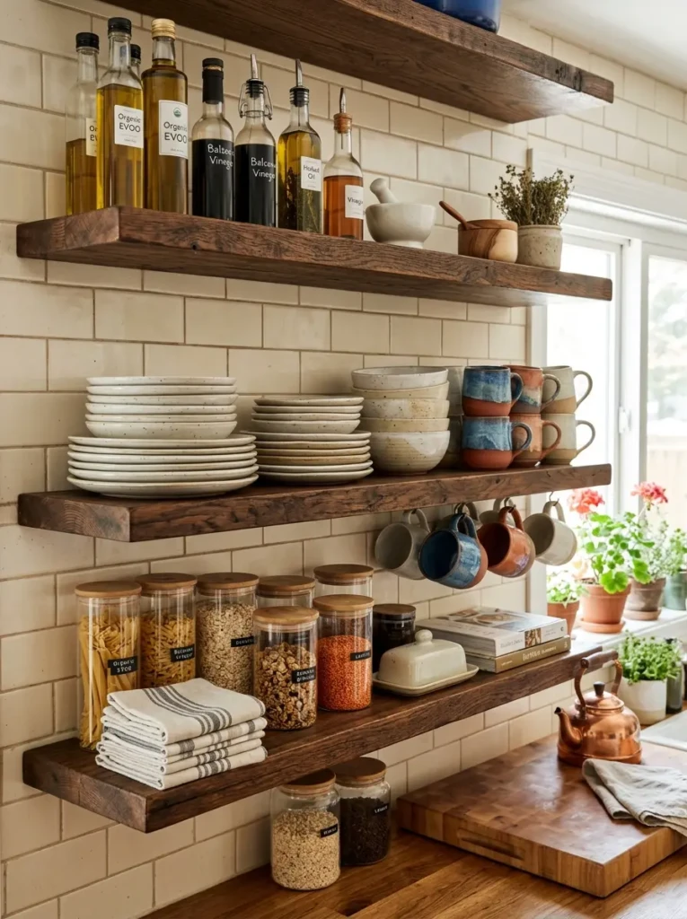 Open shelves displaying neatly stacked plates, bowls, and mugs for daily use.