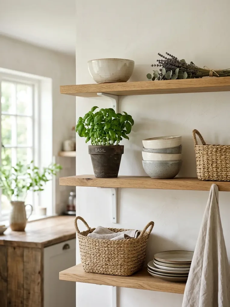Open shelving with ceramic bowls, woven baskets, herbs, and balanced negative space in a tiny kitchen.