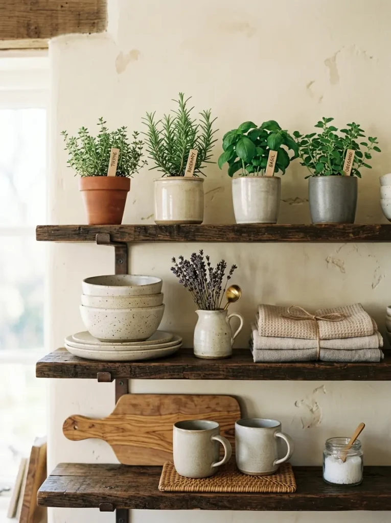 Rustic wood open shelves decorated with herb pots, ceramic pitchers, and neatly stacked neutral dishware.