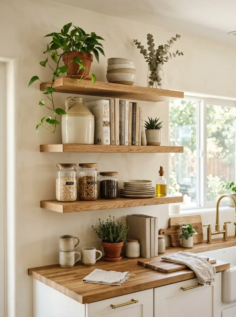 Wooden open shelves styled with ceramics, plants, and glass jars in cottage decor