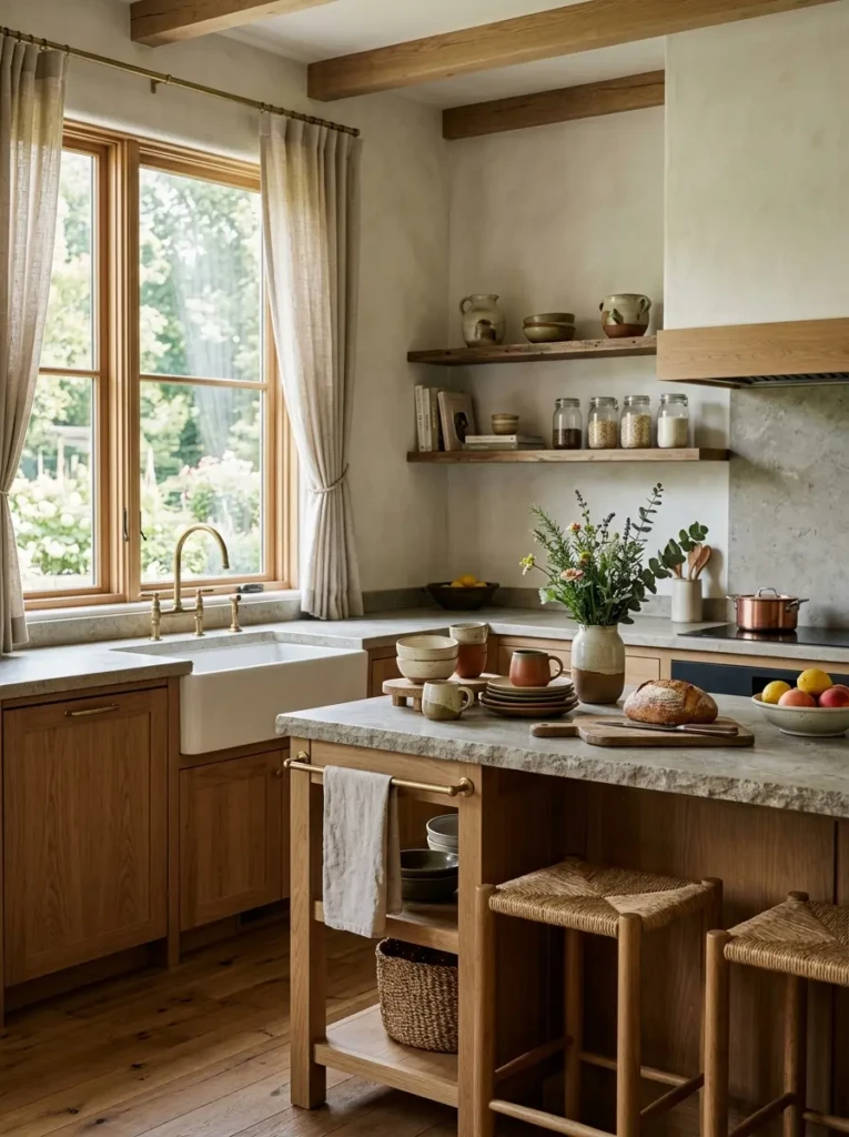 Farmhouse kitchen with stone countertops, ceramic decor, linen curtains, and natural wood finishes.