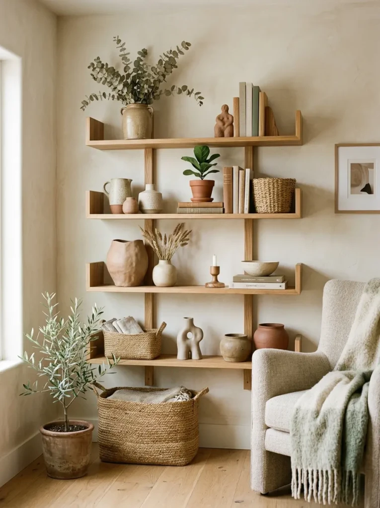 Warm oat-toned floating shelf decor with clay pottery and soft green accents.