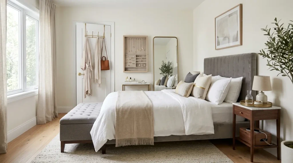 Organized bedroom with decorative trays, storage bench, jewelry organizer, and hidden clutter solutions.