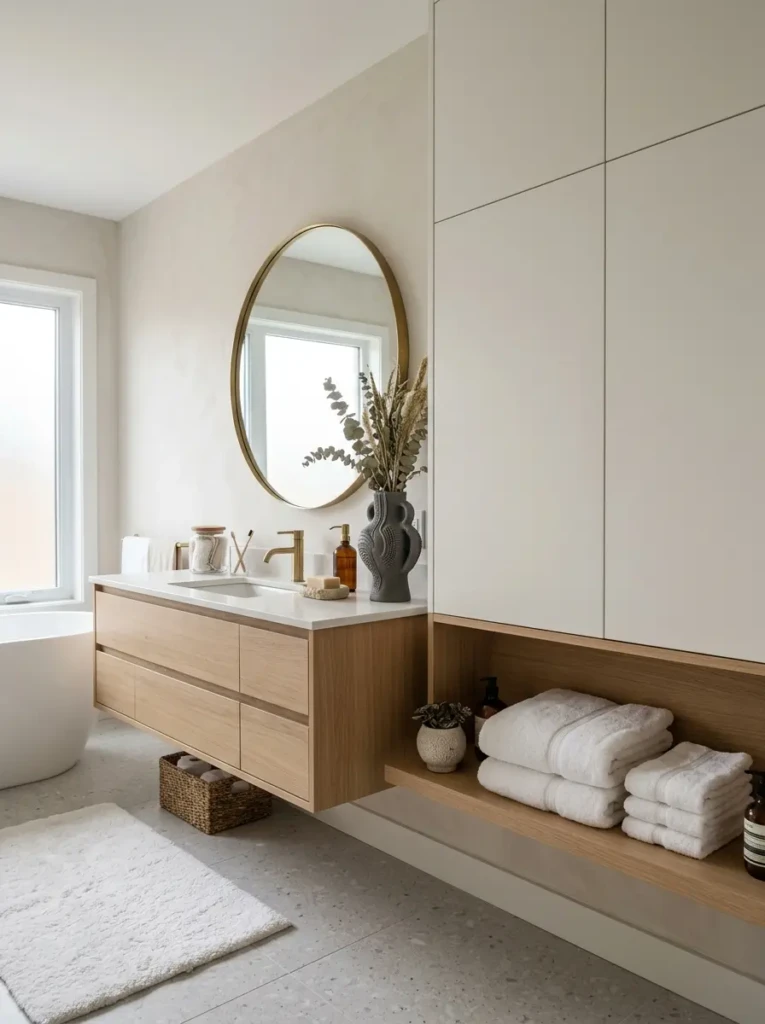 Hidden storage and neutral styling in a calm and minimal bathroom space