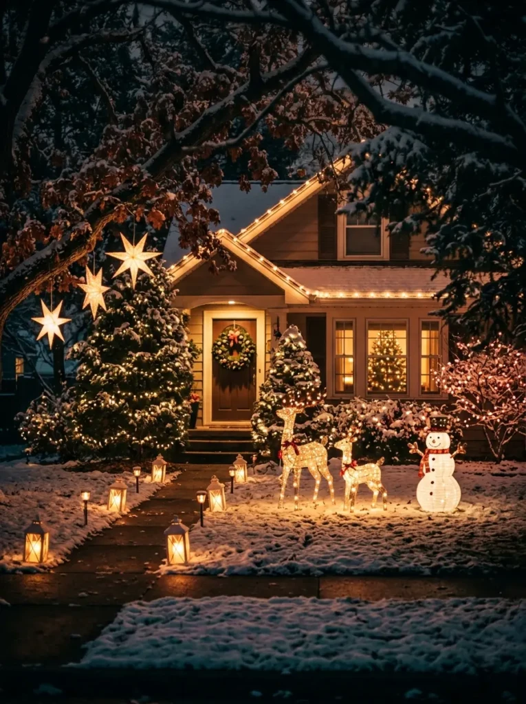 Outdoor Christmas lights with subtle animation effects creating a playful and magical yard scene
