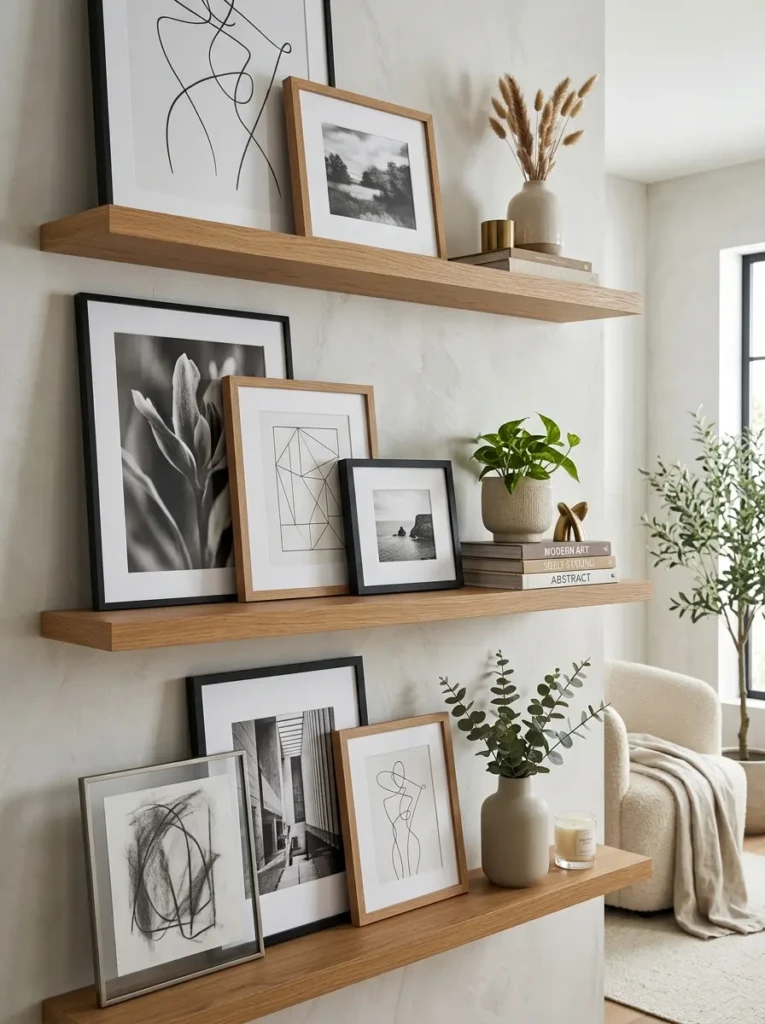 Overlapping line art and black-and-white photo frames creating a relaxed shelf gallery effect.