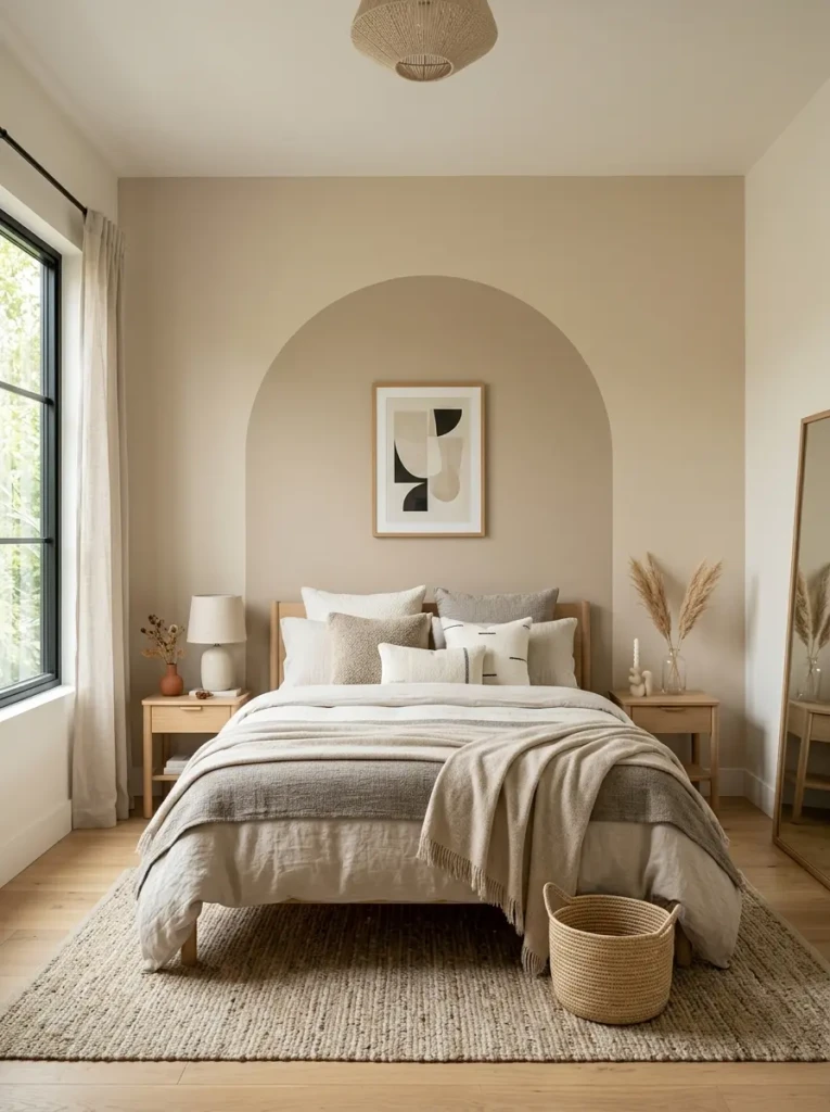 A creative bedroom wall with a painted arch design in neutral tones and minimal decor.