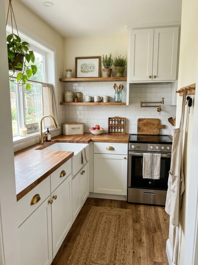 A small farmhouse kitchen makeover with painted cabinets, new hardware, wood-look flooring, and affordable rustic updates.
