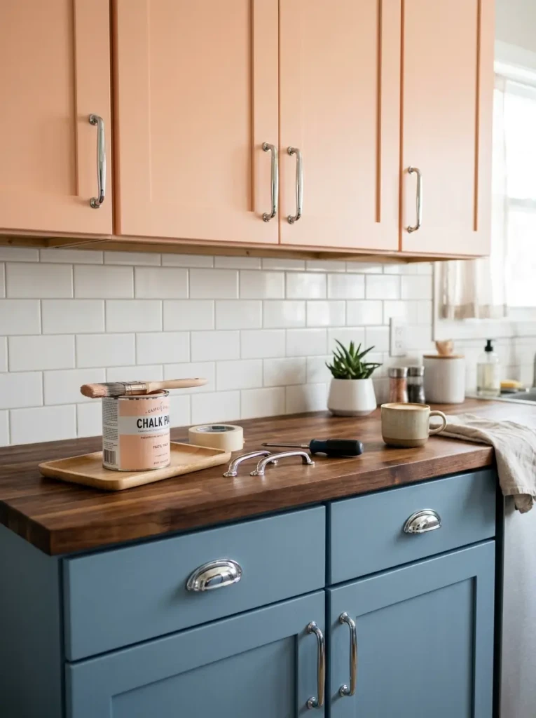 Close-up of pastel-painted kitchen cabinets with shiny chrome hardware in a retro style.