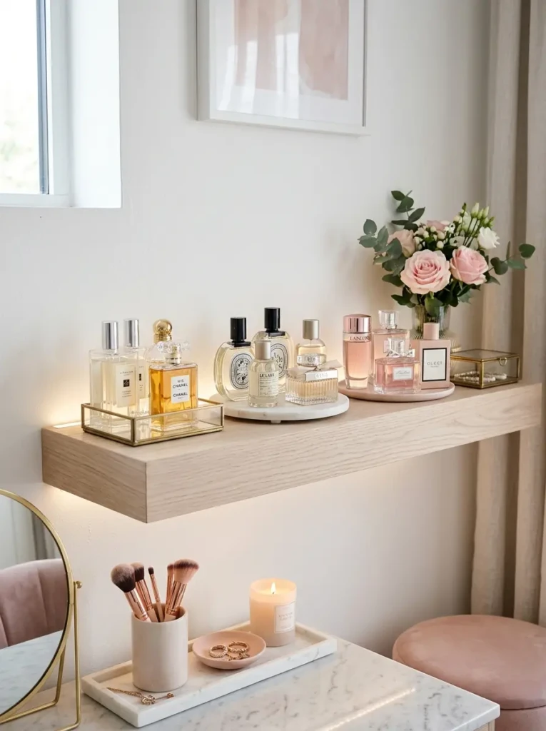 A pale wood vanity shelf with perfume bottles, soft lighting, and feminine white and blush decor.