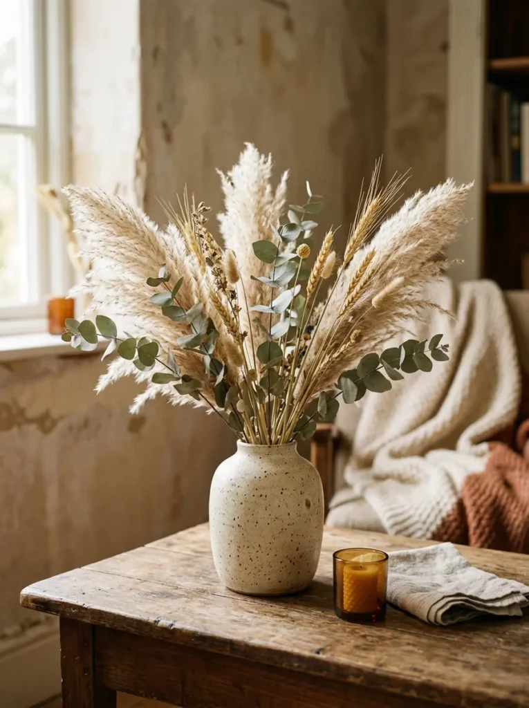 An airy arrangement of dried pampas grass, eucalyptus, and wheat stems in a neutral vase on a rustic autumn table.