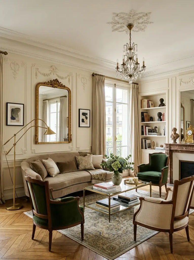 Sophisticated cream living room wall with decorative molding, elegant seating, and brass lighting accents.