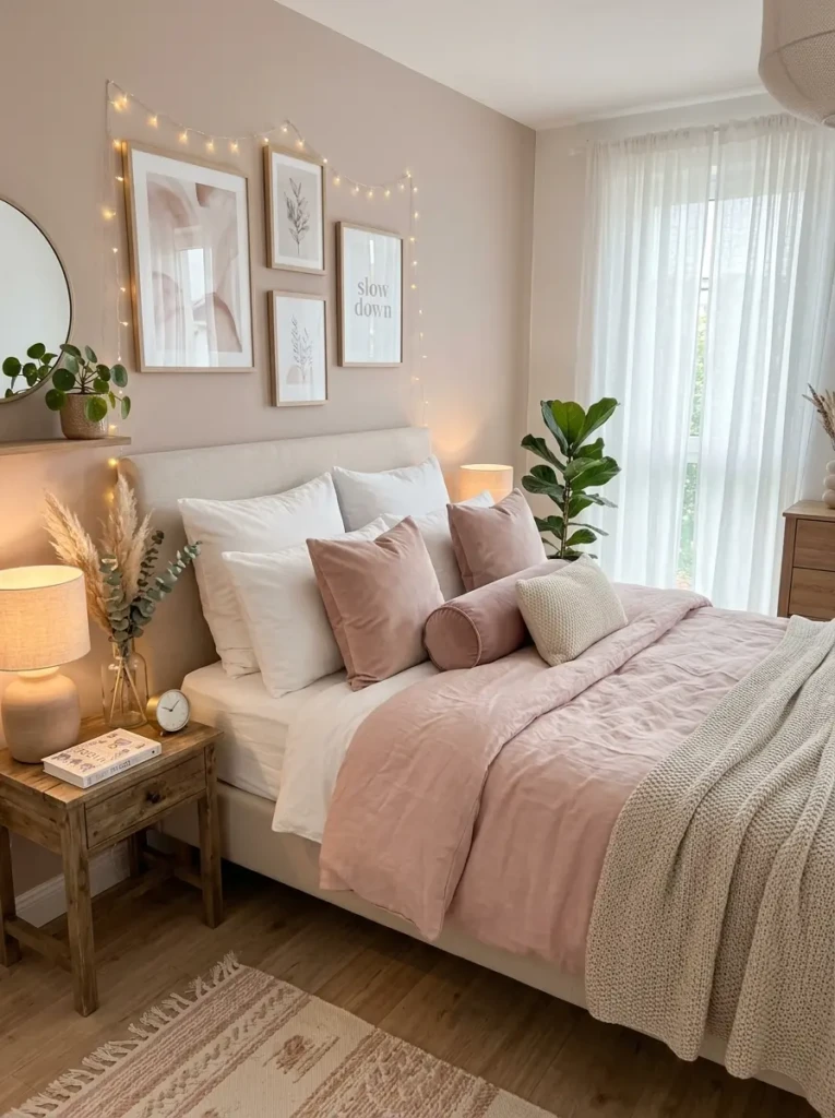 Cozy pastel bed with white sheets, blush duvet, knitted throw, and velvet cushions in soft natural lighting.