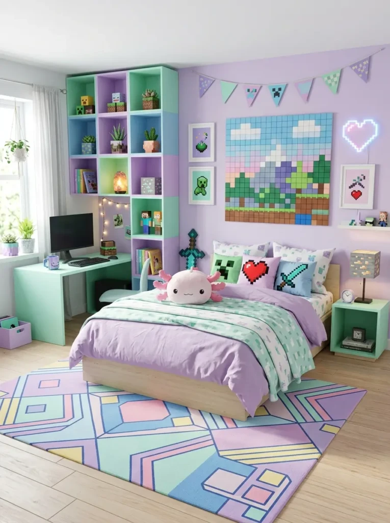 Creative pastel bedroom with cube shelves, pixel art, geometric rug, and mint lavender color palette.