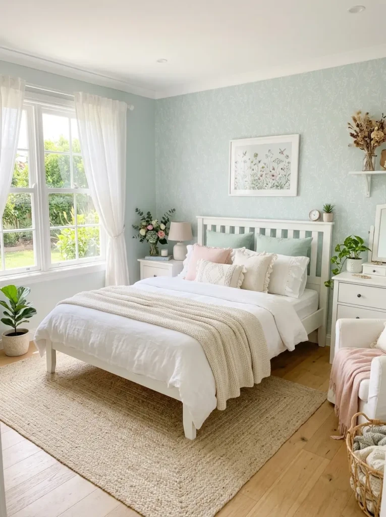 Bedroom styled with pastel wallpaper, white furniture, and gentle textures