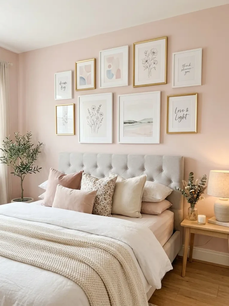 Bedroom wall decorated with abstract pastel prints, floral sketches, and elegant white and gold frames.