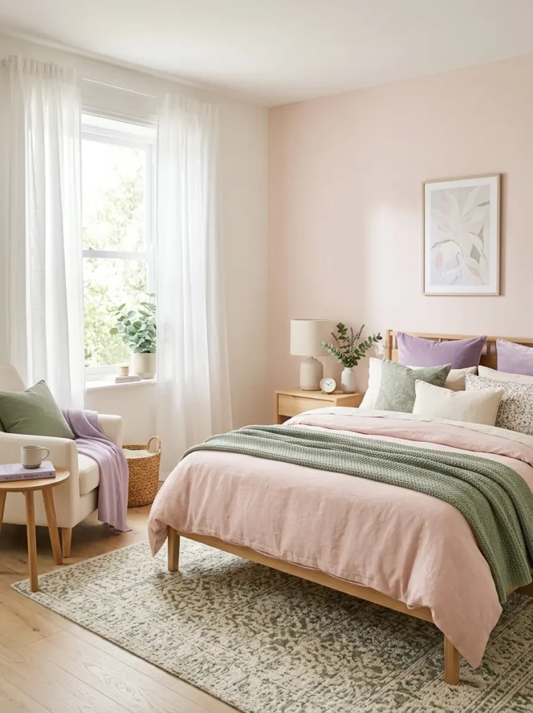 Soft pastel bedroom with blush, sage, and lavender tones, layered bedding, airy curtains, and elegant minimalist furniture.