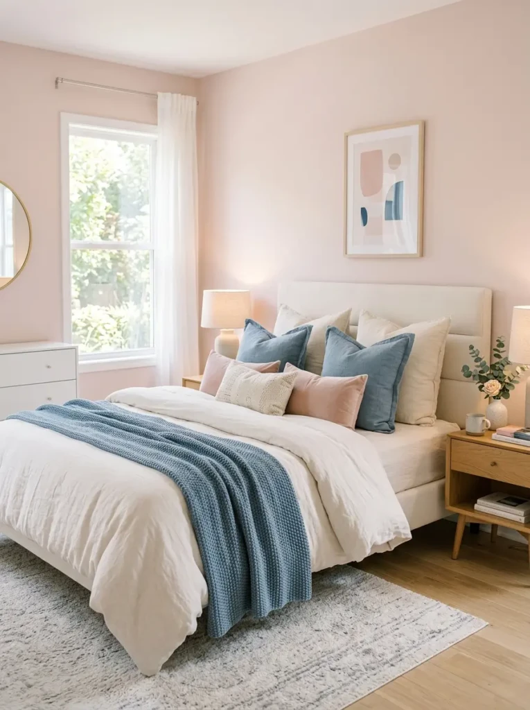 Bedroom styled with blush walls, cream bedding, and dusty blue accents creating a balanced pastel color palette.