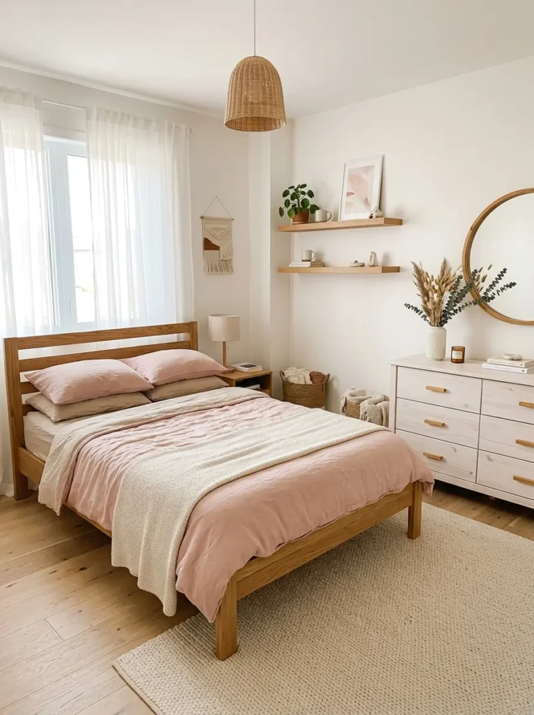 Pastel bedroom featuring oak furniture, whitewashed dresser, and soft pink bedding with Scandinavian warmth.
