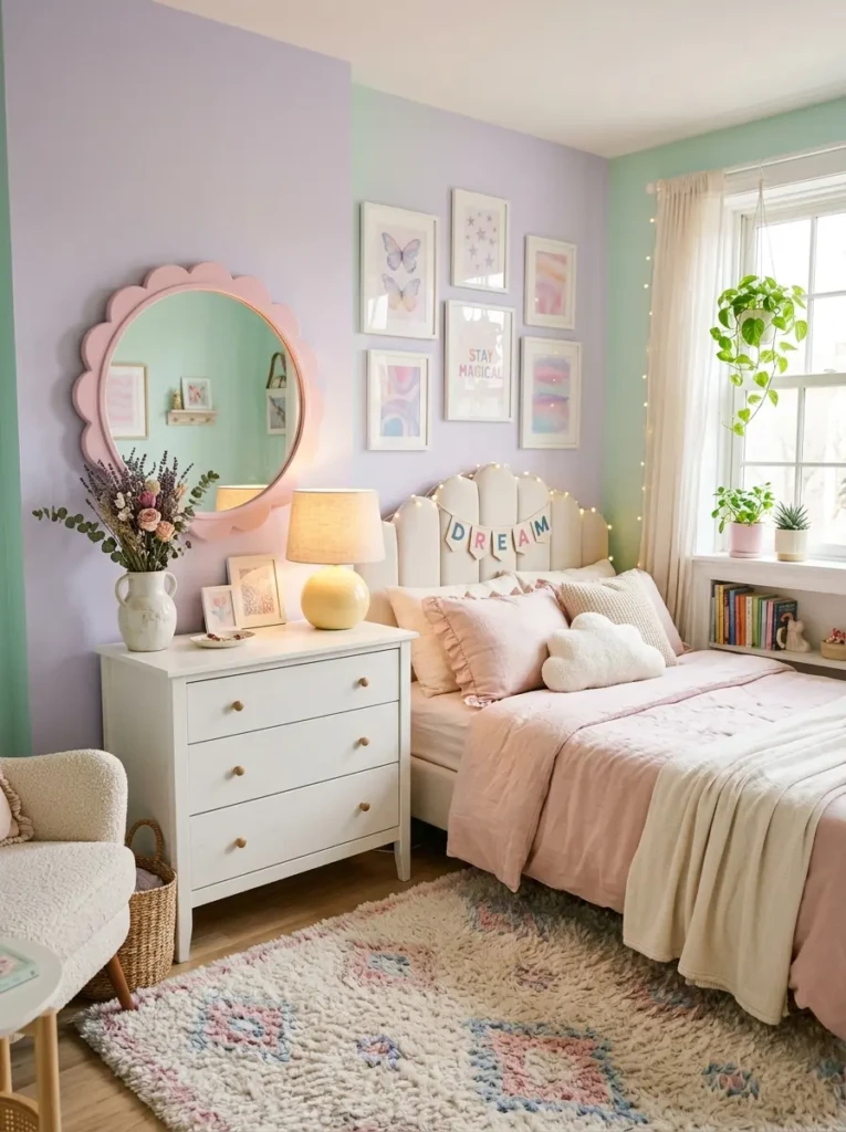 Cute pastel bedroom with scalloped mirror, ceramic vase, plush rug, and charming decorative accessories.