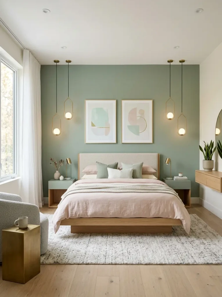 Modern bedroom with sage pastel wall, sleek platform bed, brass lights, and geometric furniture design.