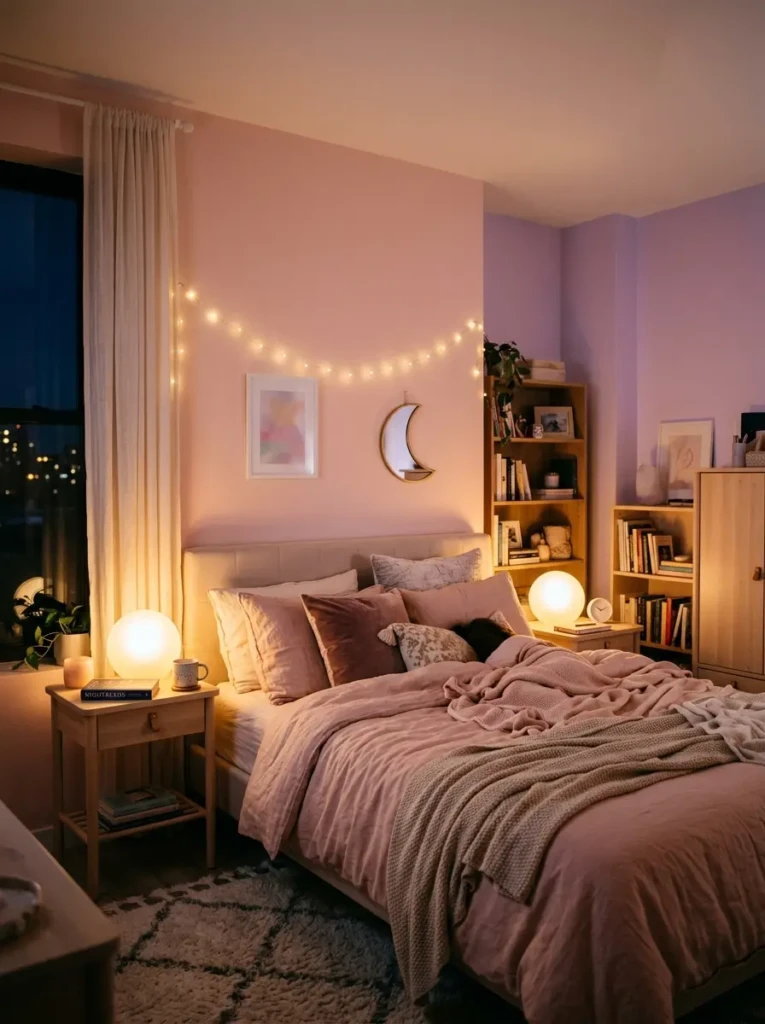 Pastel bedroom glowing with warm frosted lamps and soft diffused lighting for a cozy evening ambiance.