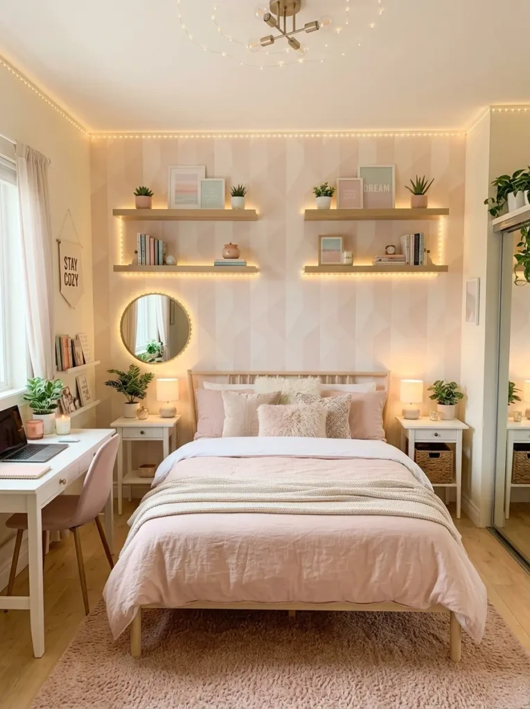 Cozy pastel bedroom inspired by bloxburg with floating shelves, LED lights, and blush bedding.