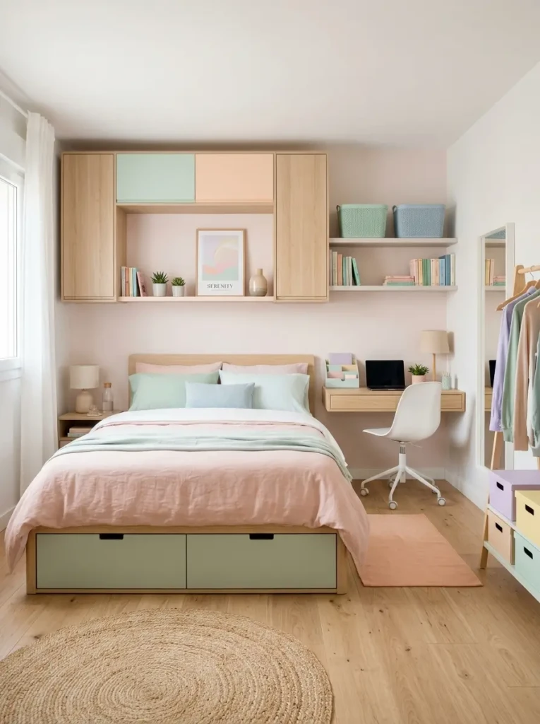 Organized pastel bedroom with under-bed drawers, floating cabinets, and clutter-free storage baskets.
