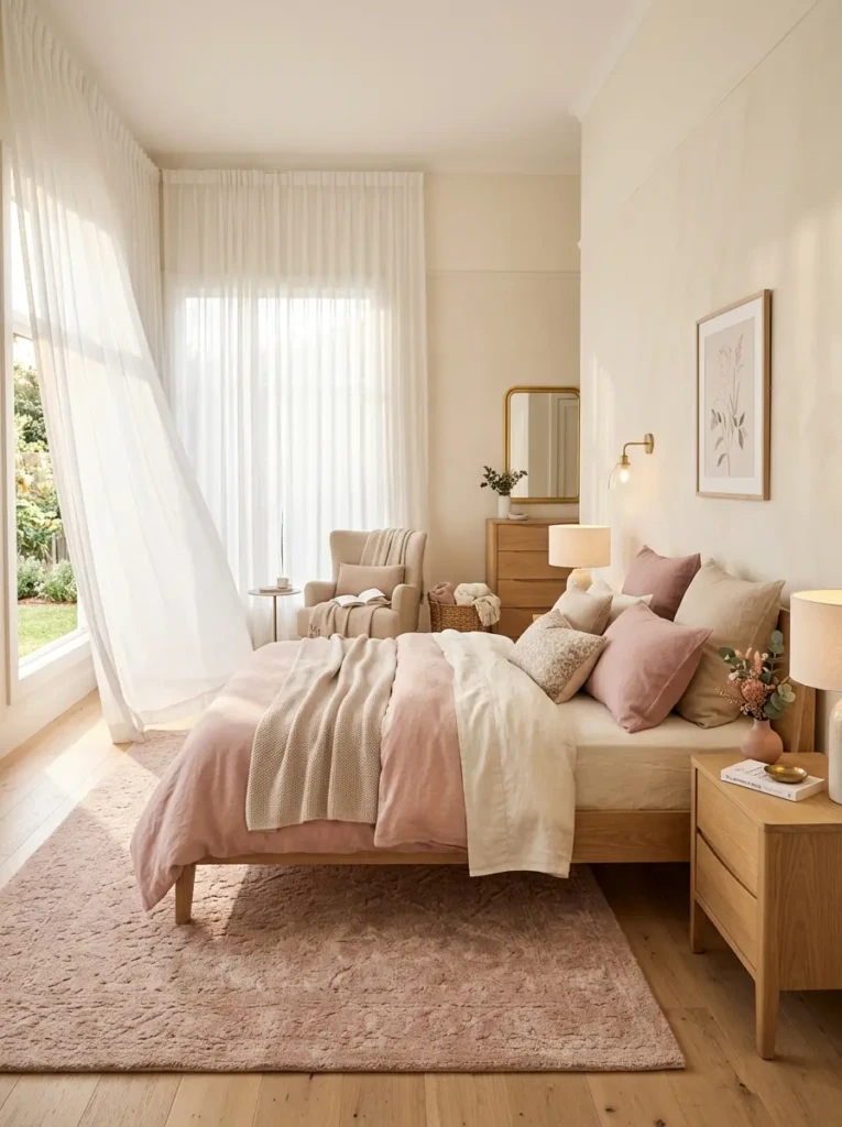 Soft pastel bedroom with flowing sheer curtains, dusty pink rug, and warm sunlight.
