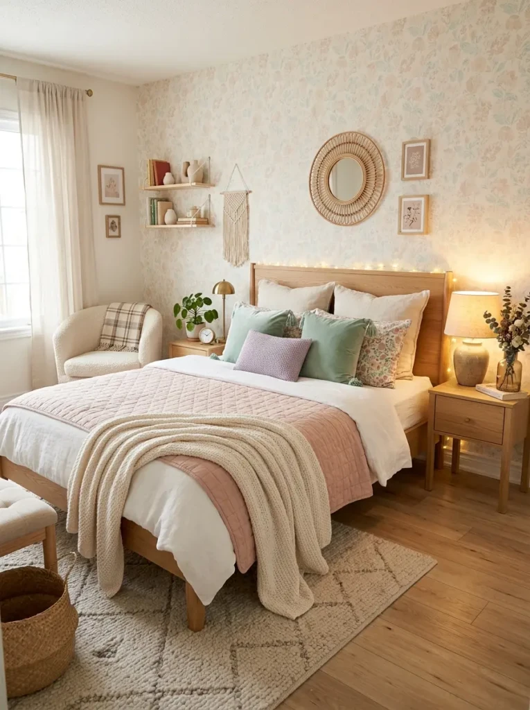 Beautifully styled pastel bedroom with layered textiles, light wood furniture, and warm decorative lighting.