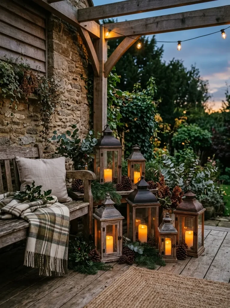 Rustic outdoor lanterns with glowing lights and greenery creating a warm and cozy holiday corner