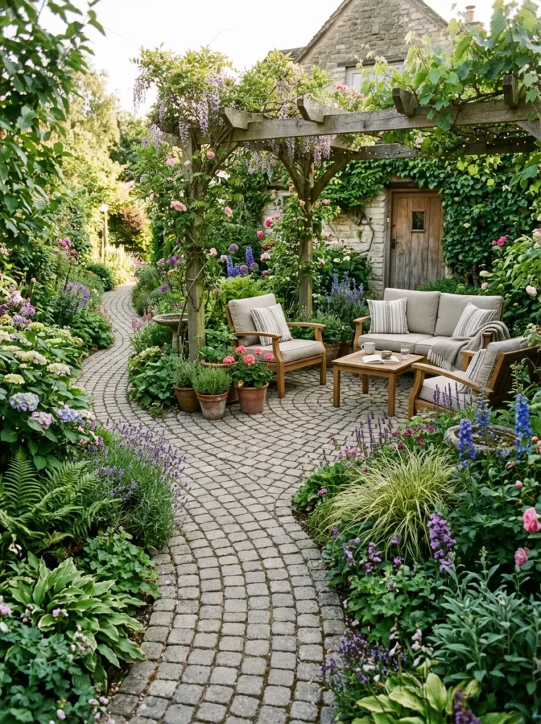 Rounded paver patio with greenery and curved pathways for a relaxed outdoor setting
