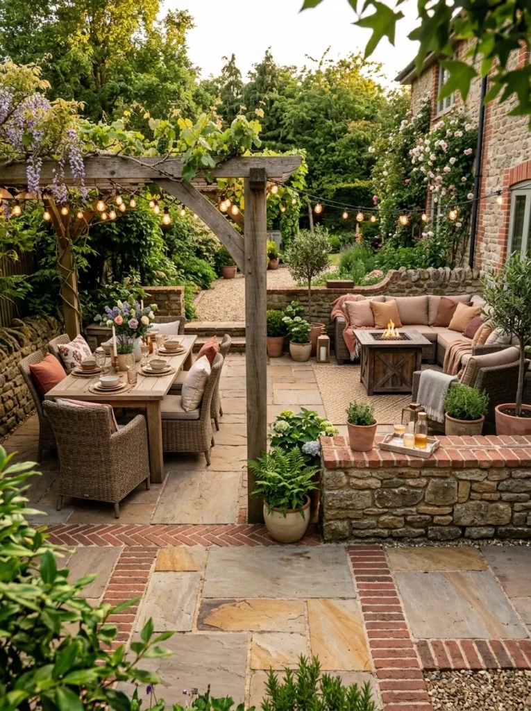 Outdoor patio with mixed stone and brick materials defining separate seating and dining areas