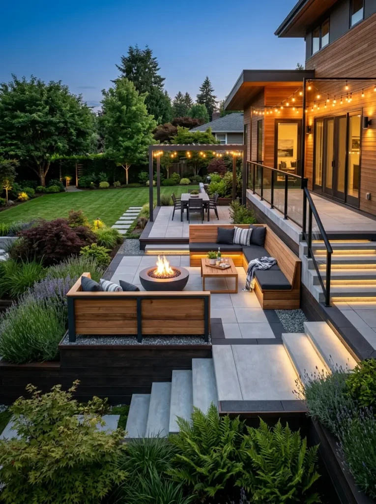 Raised patio with contrasting borders and built-in seating for a modern backyard design