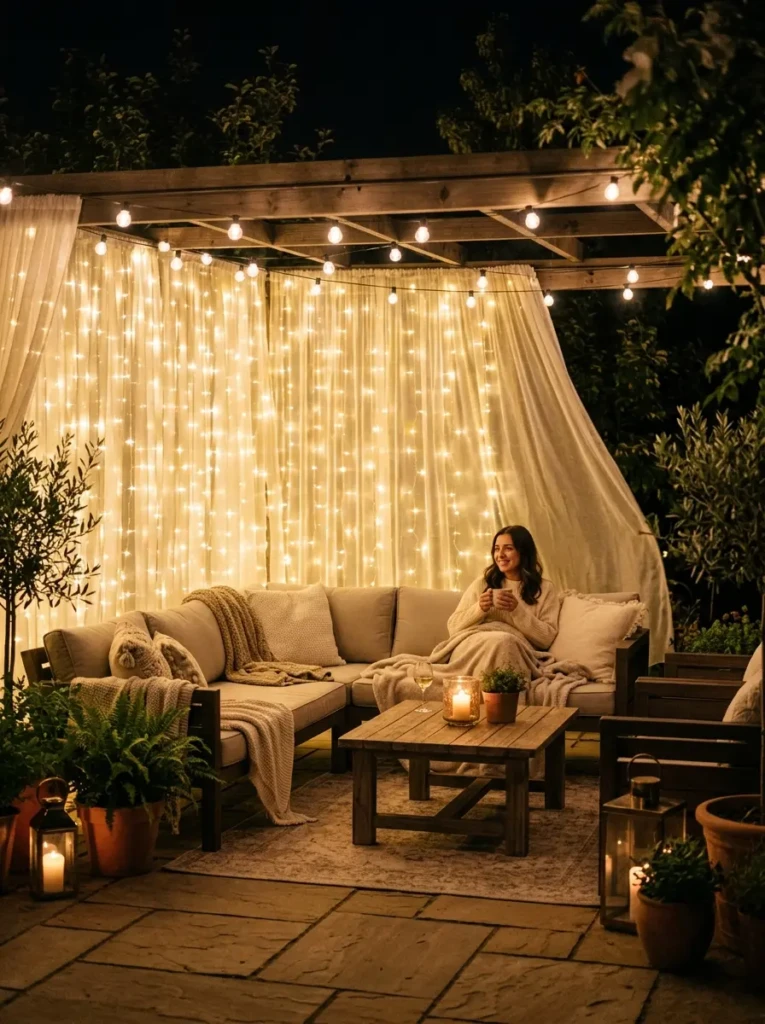 Outdoor patio with cascading curtain-style Christmas lights creating a glowing festive backdrop
