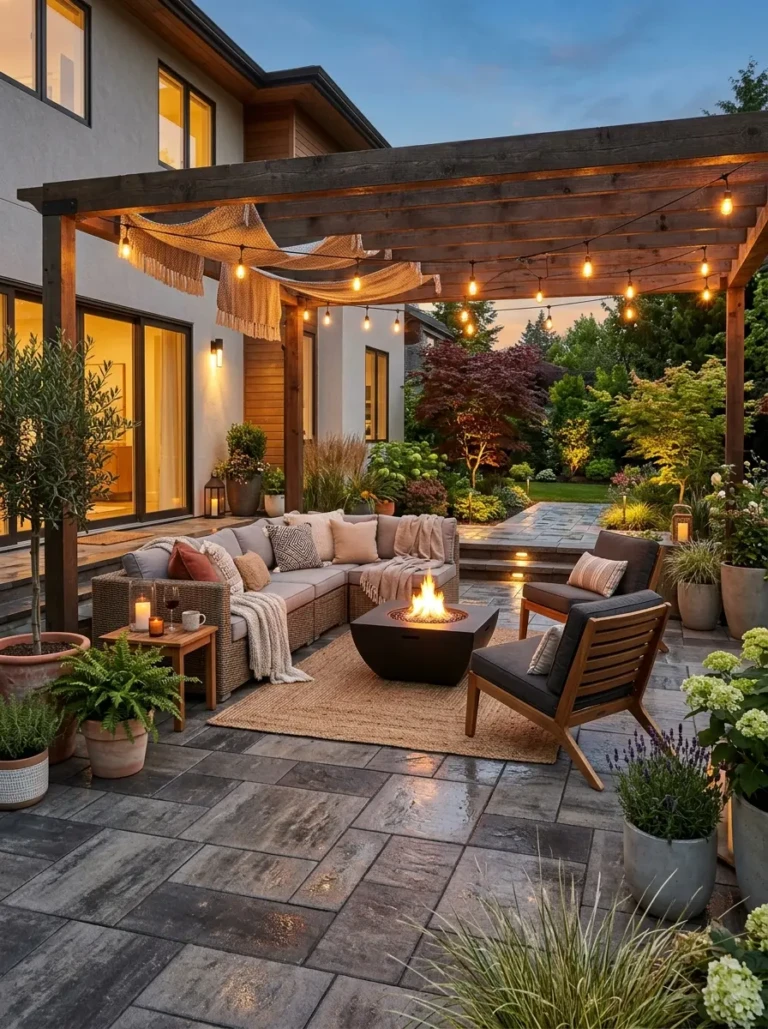 Elegant patio with decorative pavers, cozy seating, warm lighting, and inviting outdoor ambiance