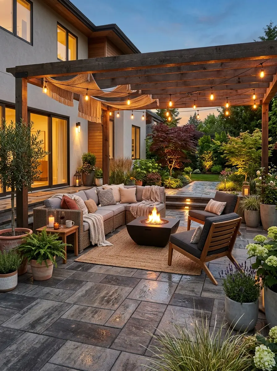 Elegant patio with decorative pavers, cozy seating, warm lighting, and inviting outdoor ambiance