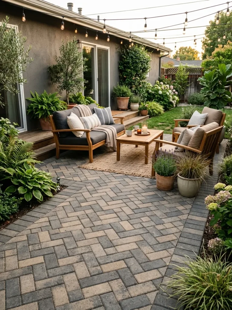 Rectangular pavers arranged in a herringbone pattern with charcoal and beige tones and cozy seating