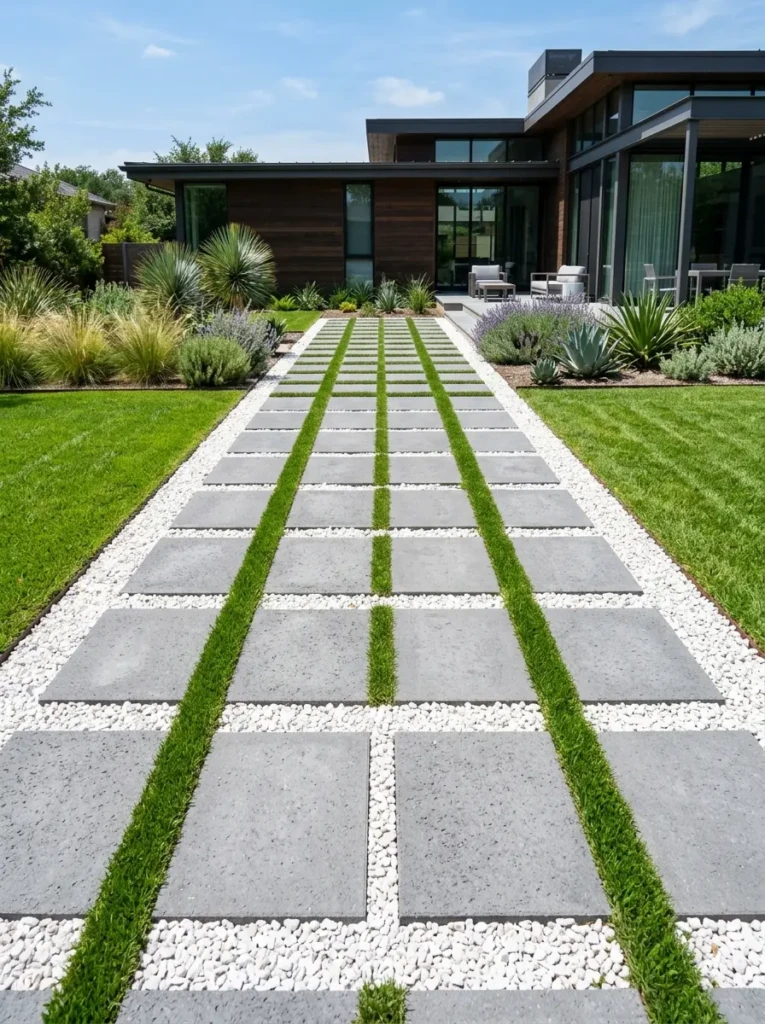 Contemporary patio featuring concrete slabs spaced with white gravel and grass for a geometric look