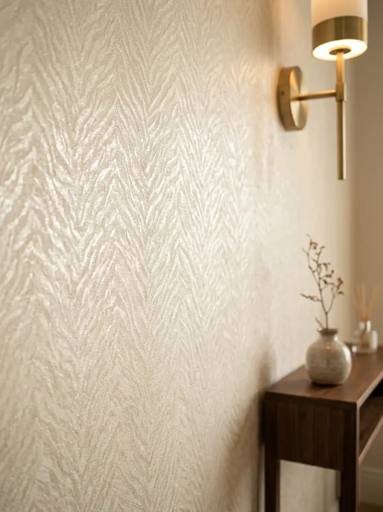 A detailed view of pearlescent wallpaper with soft shimmer under warm lighting