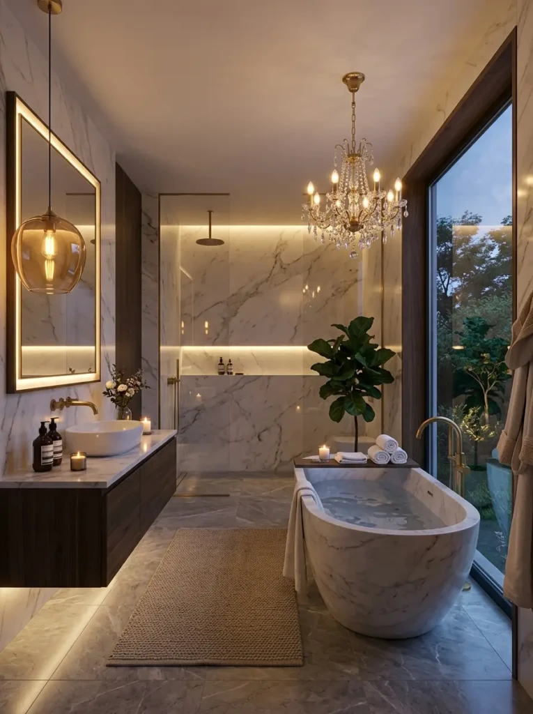 A small bathroom featuring pendant lights and a mini chandelier for a luxurious feel