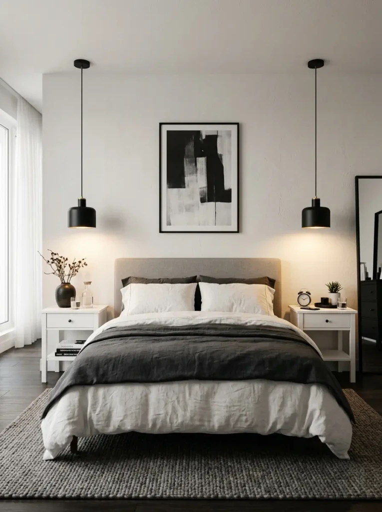 Matte black pendant lights illuminating a sleek black and white bedroom.