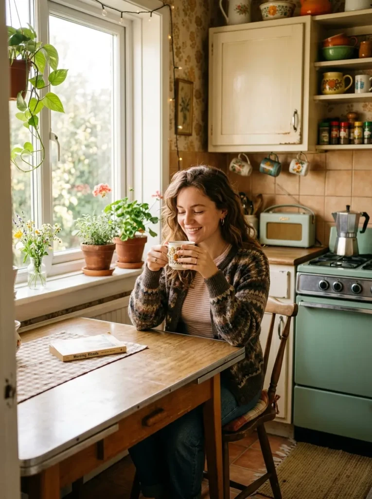 Person enjoying coffee in a warm retro kitchen with soft lighting and pastel decor.