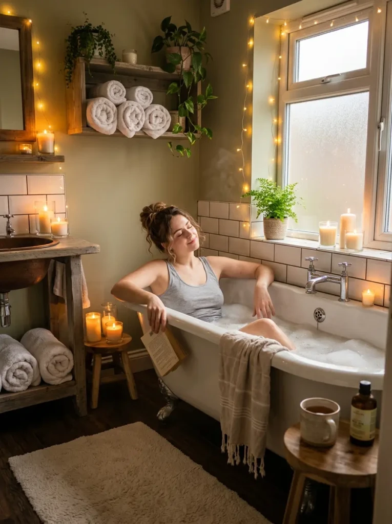 A person enjoying a cozy bathroom with warm lighting and a peaceful inviting environment