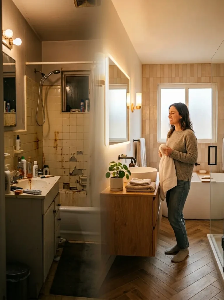 A cramped bathroom transitioning into a bright, airy renovated space with warm lighting and inviting design