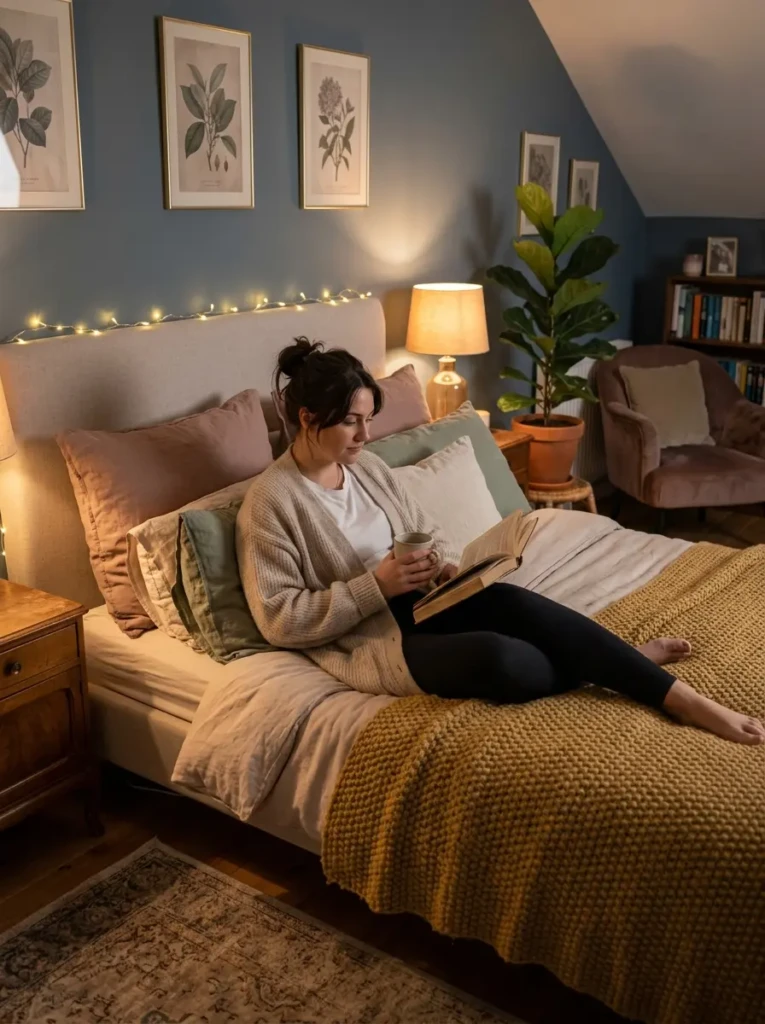 A person relaxing in a beautifully styled bedroom with soft textures and warm lighting